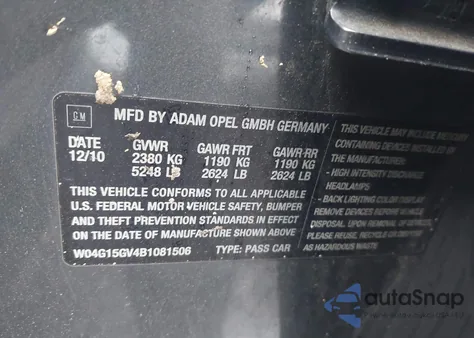 2011 Buick Regal Cxl Turbo Russelsheim из США, поврежденный, VIN W04G15GV4B1081506